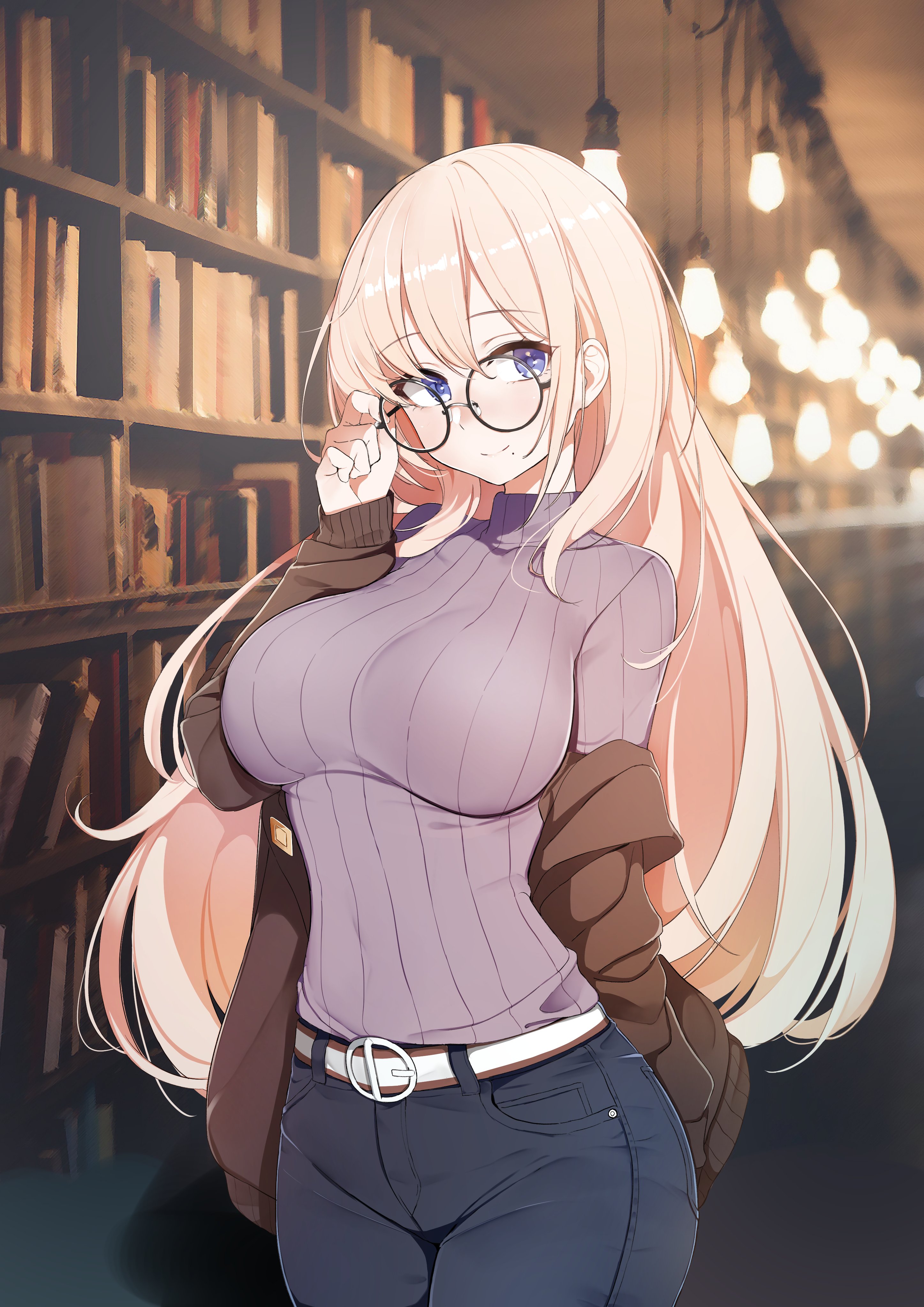 and with glasses Anime girl hair blonde