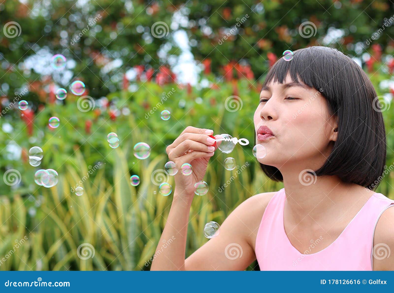 Bubble outdoor woman asian